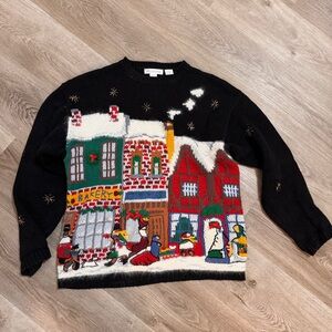 Heirlooms Hand Knit Christmas Sweater Holiday Snow Large Black Winter